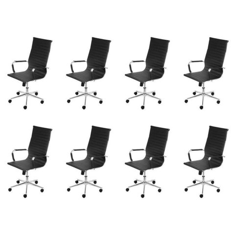 Kit 8 Cadeiras Escritório Presidente Esteirinha Rodízio Relax Corino 3301 Preto