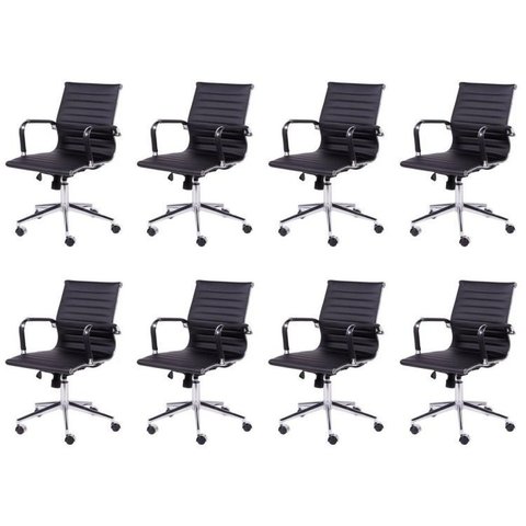 Kit 8 Cadeiras Escritório Diretor Esteirinha Rodízio Relax Corino 3301 Preto