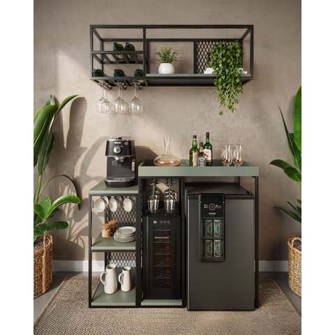 Aparador Adega Cervejeira Frigobar Industrial com Cantinho Café Alba Metal e MDF Verde Sálvia