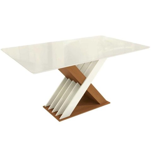 Mesa P/ Cozinha Graviola C/ Tampo Madeirado C/ Vidro 160x90cm Canela/off White/vidro Off White -