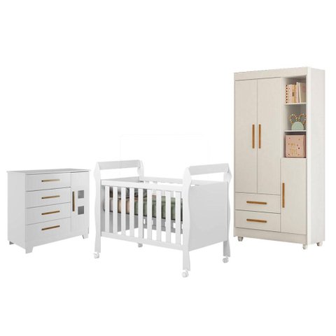 Guarda Roupa Flocos com Cômoda Fly e Berço Americano Soninho Branco Acetinado - Tigus