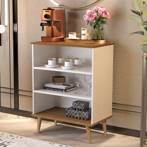 Aparador Buffet Sala com Prateleira Pés Palito Retrô Bruno - Off White com Freijó