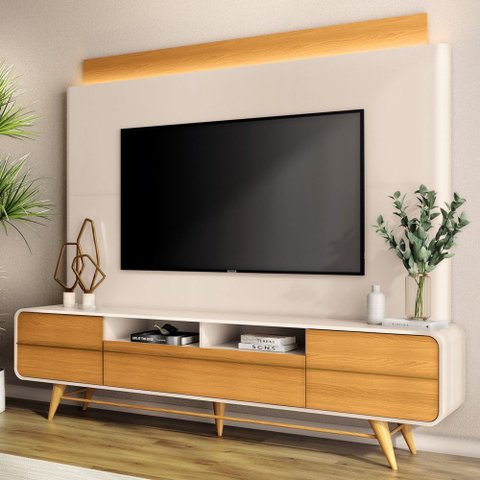 Estante Painel para Tv 85 Pol 220cm Nobre Off White/cinamomo - Hb Móveis
