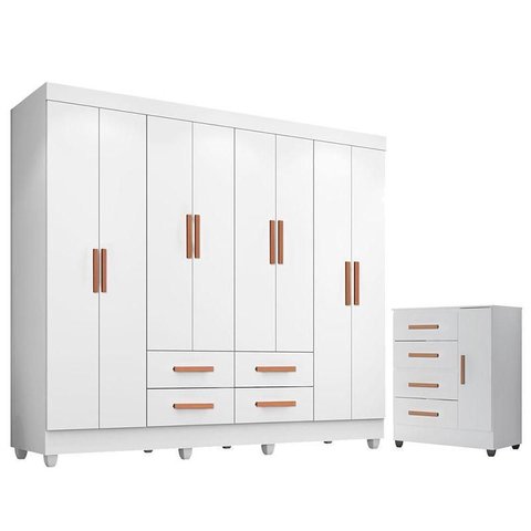 Guarda Roupa Casal Porto Com cômoda Lite 4 Gavetas 01 Porta Branco Brilho – Móveis Leão