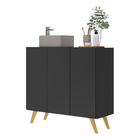 Gabinete Banheiro 3 Portas Retrô 90Cm Multimóveis V5030 Preto/Natural Preto/Natural