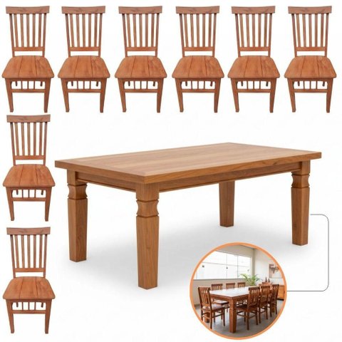 Jogo de Mesa de Jantar Mineira Rústica 8 Lugares Tampo Madeira Maciça Peroba Rosa 200cm Nossa Kasa