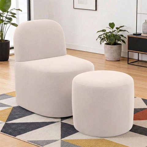 Kit Poltrona Decorativa Lumiere com Puff Coliseu W01 Suede Bege - Lyam Decor