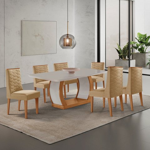 Conjunto de Mesa de Jantar Kate 180 Tp MDF Canto Copo 6 Cadeiras Estela