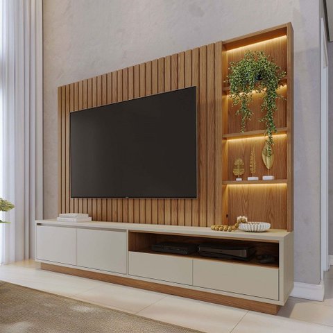 Estante para Tv até 82 Polegadas Arraial 4 Gavetas com Led Ripado Freijó/off White Matte - Pnr Móvei