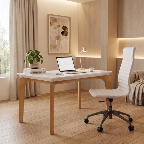 Mesa para Escritorio 120 cm 100% MDF Tampo Canto Reto com Vidro Dublin Marrom/Marromle/Off White