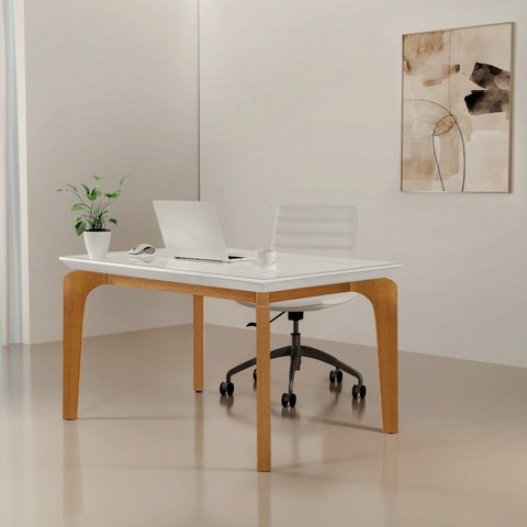 Mesa para Escritorio 120 cm 100% MDF Tampo Canto Reto com Vidro Dublin Marrom/Marromle/Off White