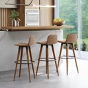 Ver imagem 1 de Kit 3 Banquetas Altas Luxo Versatil Aço Preto Linho Terracota Base Carvalho