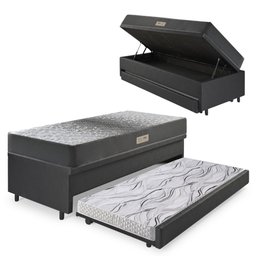 Bicama Box Baú Solteiro 88x188 Courino Linho Preto com Colchão Dual Firm Ecoflex - 1