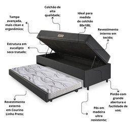 Bicama Box Baú Solteiro 88x188 Courino Linho Preto com Colchão Dual Firm Ecoflex - 5