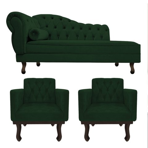 Kit Diva Recamier Diana 140cm Lado Direito e 02 Poltronas Classic Suede Verde - ADJ Decor