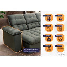 Sofá Retrátil Reclinável Atenas 2,30m Suede Velut Cinza c/ Molas no Assento - King House - 3