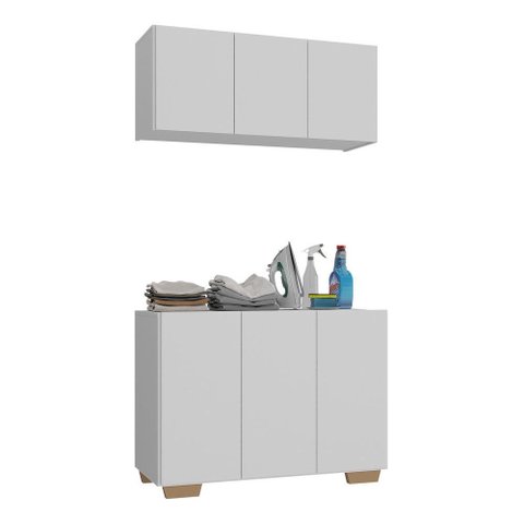 Conjunto Lavanderia Multiuso Armário Aéreo e Balcão 3 Portas Multimóveis Mp5051 Branco/natural