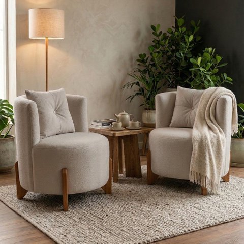 Kit 2 Poltronas Orgânica Curva Luna Boucle Bege - Montanaris Decor