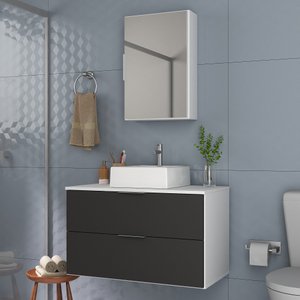 Kit Gabinete Banheiro Rubi 80cm - Gabinete + Cuba + Espelheira - Branco / Preto