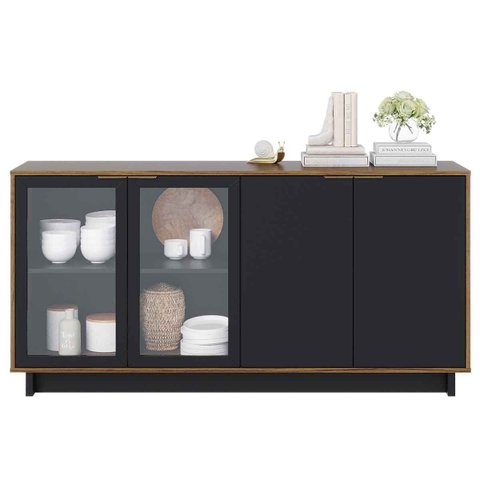 Buffet 4 Portas c/ Vidro 2 Prateleiras e Puxadores Dourados Valência Noce Milano/Preto Fosco