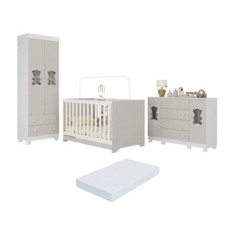 Quarto de Bebê Completo C/ Berço Americano 3 em 1 Colchão Fofura Multimóveis Mp4673 Branco/off