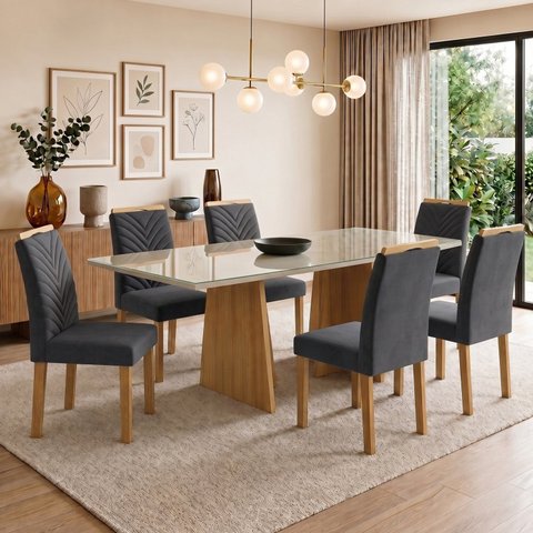 Conjunto Sala de Jantar 6 Lugares Retangular Tampo Vidro MDF 160x80cm Mesa Lyra e Cadeiras Carol