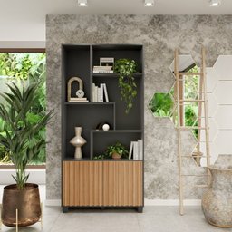 Kit 2 Peças com Mesa de Escritório Ripada 135cm com Gaveta e Estante 2 Portas Espresso Móveis - 8 Kit 2 Peças com Mesa de Escritório Ripada 135cm com Gaveta e Estante 2 Portas Espresso Móveis - 8