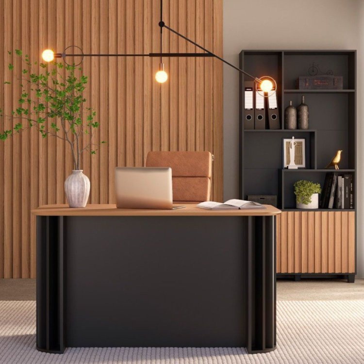 Conjunto Home Office Mesa de Escritório Ripada 135cm com Gaveta 1 Estante 2 Portas Espresso Móveis - 1