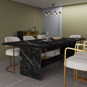Mesa de Jantar 220cm 8 Lugares Grande Estampa Marmorizada Moderna:preto
