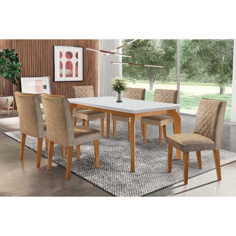 Sala de Jantar Completa Londrina C/tampo Madeirado Canto Reto 180x90cm e 6 Cadeiras Jade Imbuia -