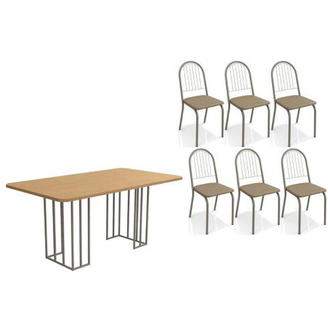 Sala de Jantar Completa Duina C/ Tampo de Madeira 160cm e 6 Cadeiras Noruega Niquel/freijo - Courano