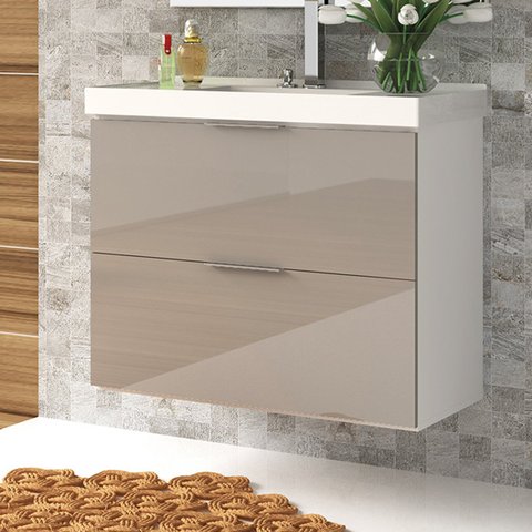 Gabinete para Banheiro 03 Gavetas com Lavatório Pietra 80cm Branco/gianduia Brilho Móveis Bosi