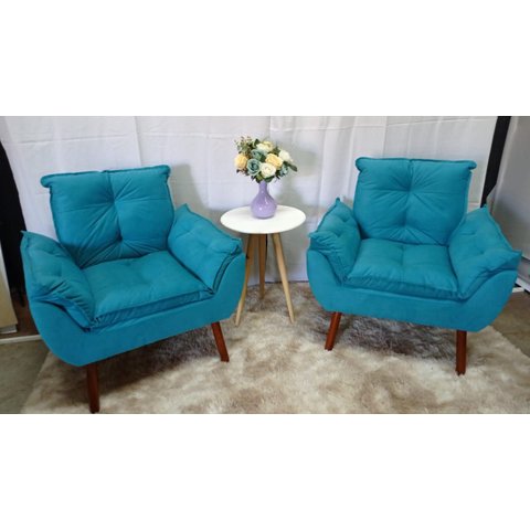 Kit 02 Poltrona Decorativa Opala Suede Azul Tiffany- Pandora Decor