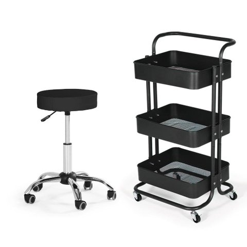Kit Estética com Banco Mocho e Carrinho Multiuso - Preto