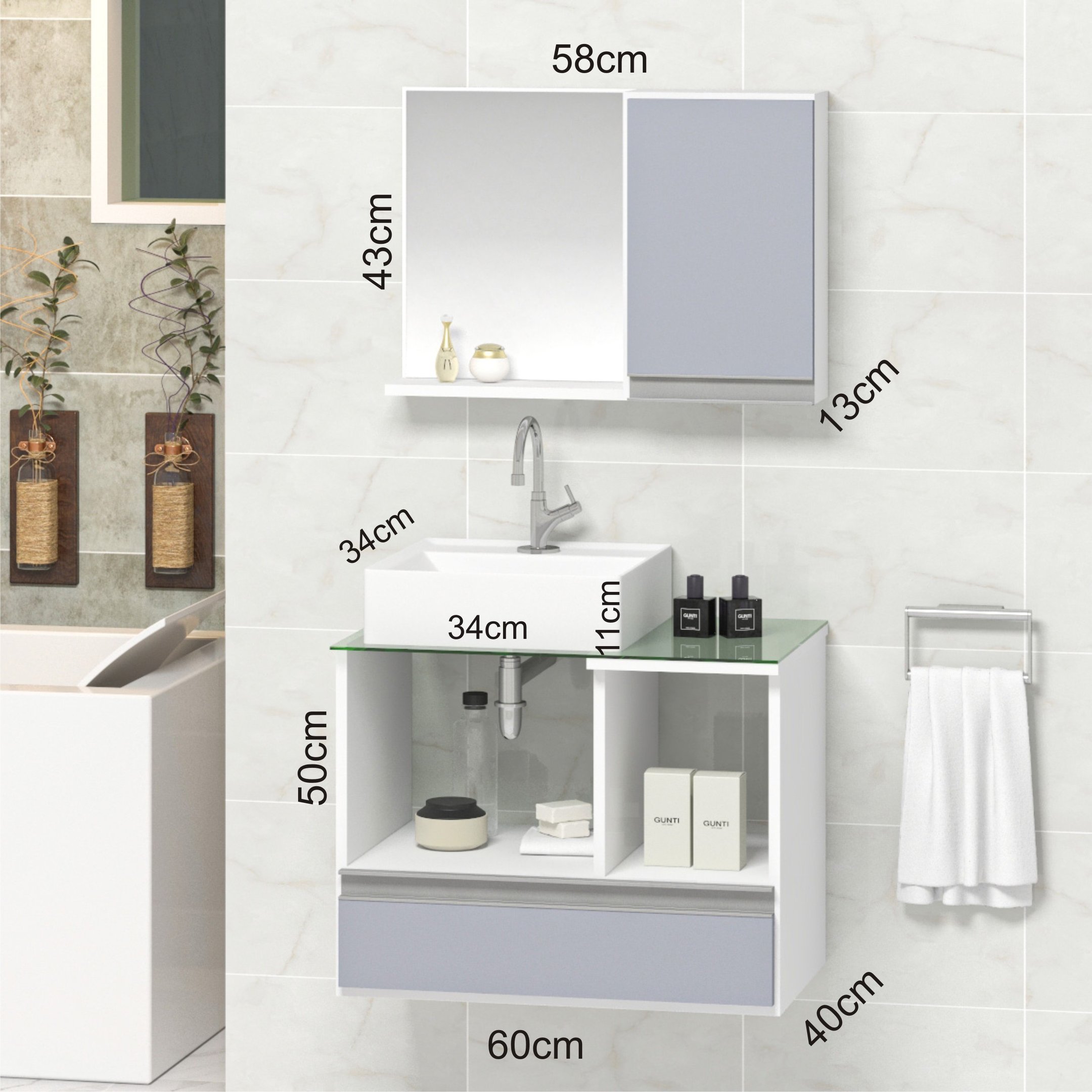 Conjunto Gabinete Banheiro Venus 60cm Branco/Cinza - Gabinete + Cuba + Espelheira + Tampo Vidro - 2