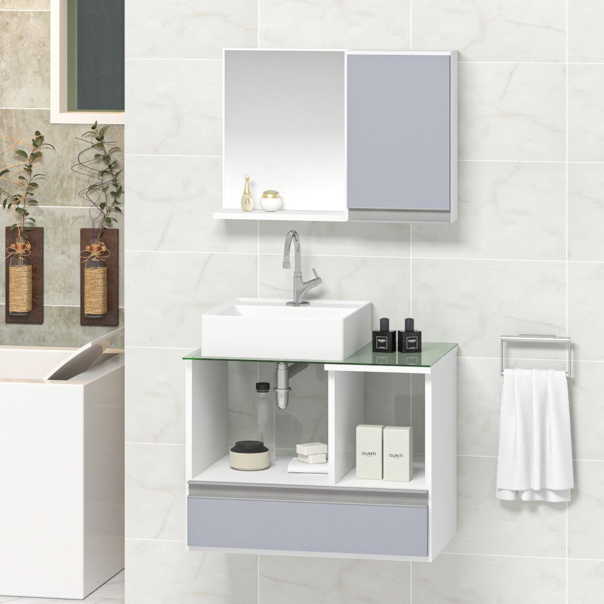 Conjunto Gabinete Banheiro Venus 60cm Branco/Cinza - Gabinete + Cuba + Espelheira + Tampo Vidro - 1