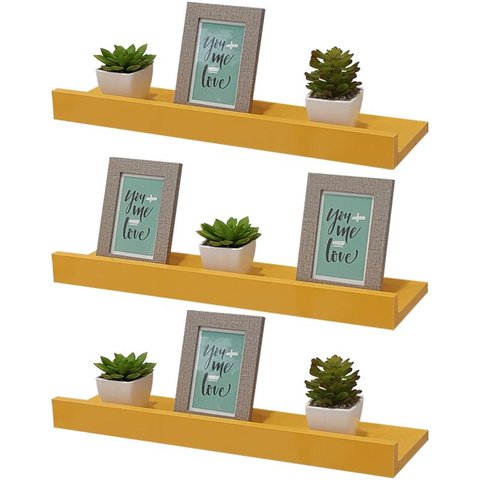 Kit 3 Prateleiras Porta Quadros 50 X 15cm Amarela Suporte Invisível
