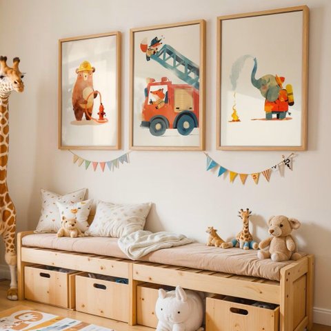 Kit 3 Quadros Decorativos Infantil - Animais Bombeiros NO2 - 40x60 - Moldura Madeira