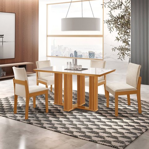 Conjunto de Jantar Mesa Florença Tic 120cm x 80cm Tampo MDF e Vidro com 4 Cadeiras Mônaco Marrom/Castanho Cinamomo/Creme/Off White
