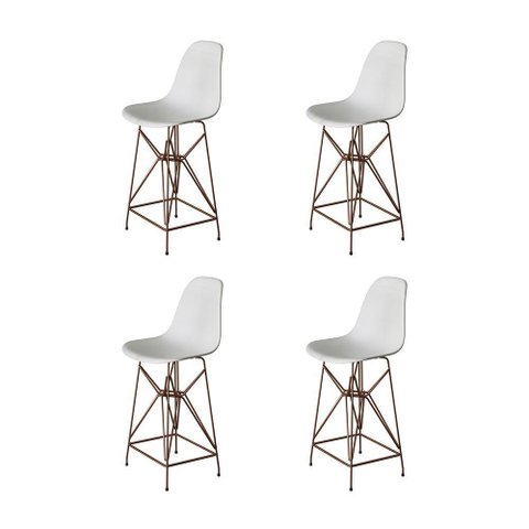 Kit 4 Banquetas Bistrô Alta Eames Branca Base Ferro Cobre - Cor: Branco