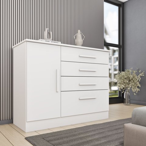 Cômoda 1 Porta 4 Gavetas 104cm Chicago Branco/Neve
