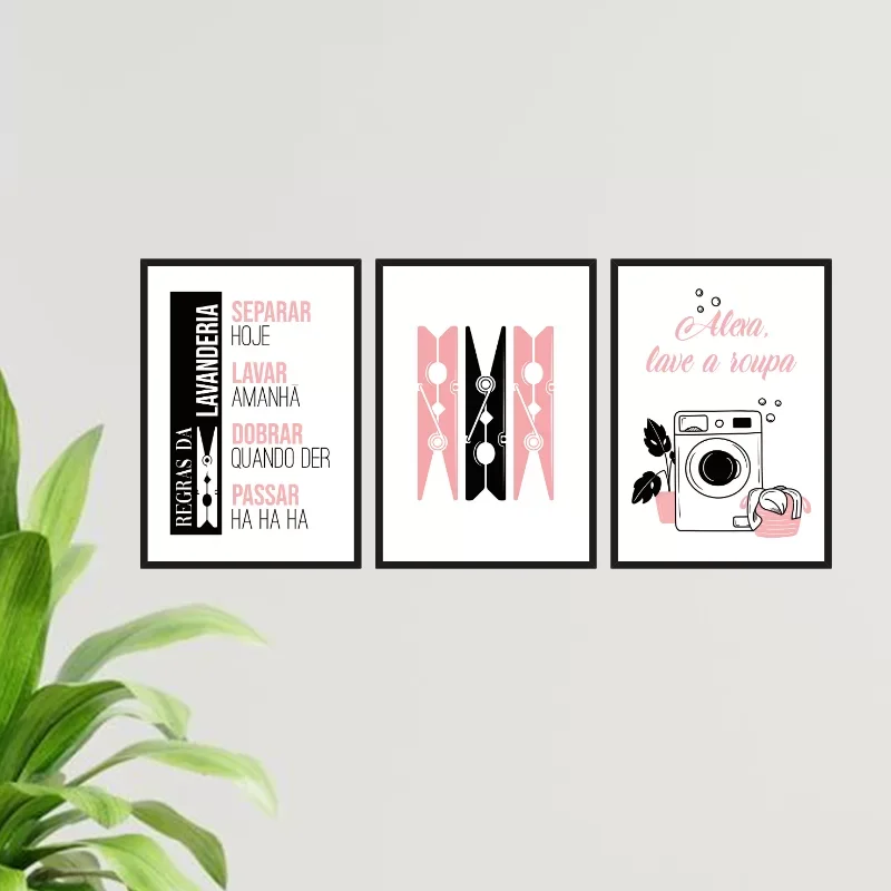 Ver imagem 1 de Kit 3 Quadros Lavanderia Alexa Lave A Roupa 45x34cm - com vidro:Madeira branca