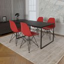 Ver imagem 1 de Mesa Industrial Base Ferro Preto 137x90 Tampo Preto 4 Cadeiras Eiffel Ferro Preto Assento Vermelho