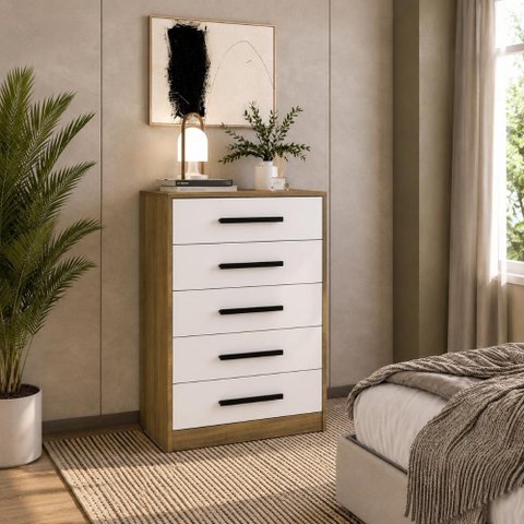 Cômoda 5 Gavetas 1 Porta Escócia Marrom/Branco- Mademovel