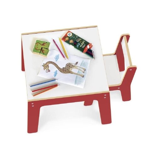 Kit Mesinha Infantil Madeira com Cadeira Vermelha Educativa