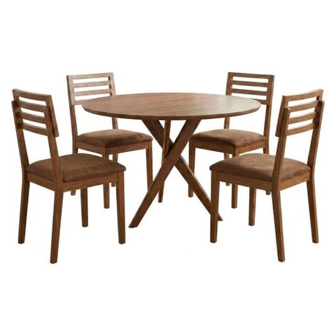 Mesa de Jantar Redonda Cacau com 4 Cadeiras Estofadas Juparana Corino Kaki Ornar