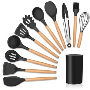 Jogo 12 Peças Utensílios Silicone Colher Espátula Compacto Preto