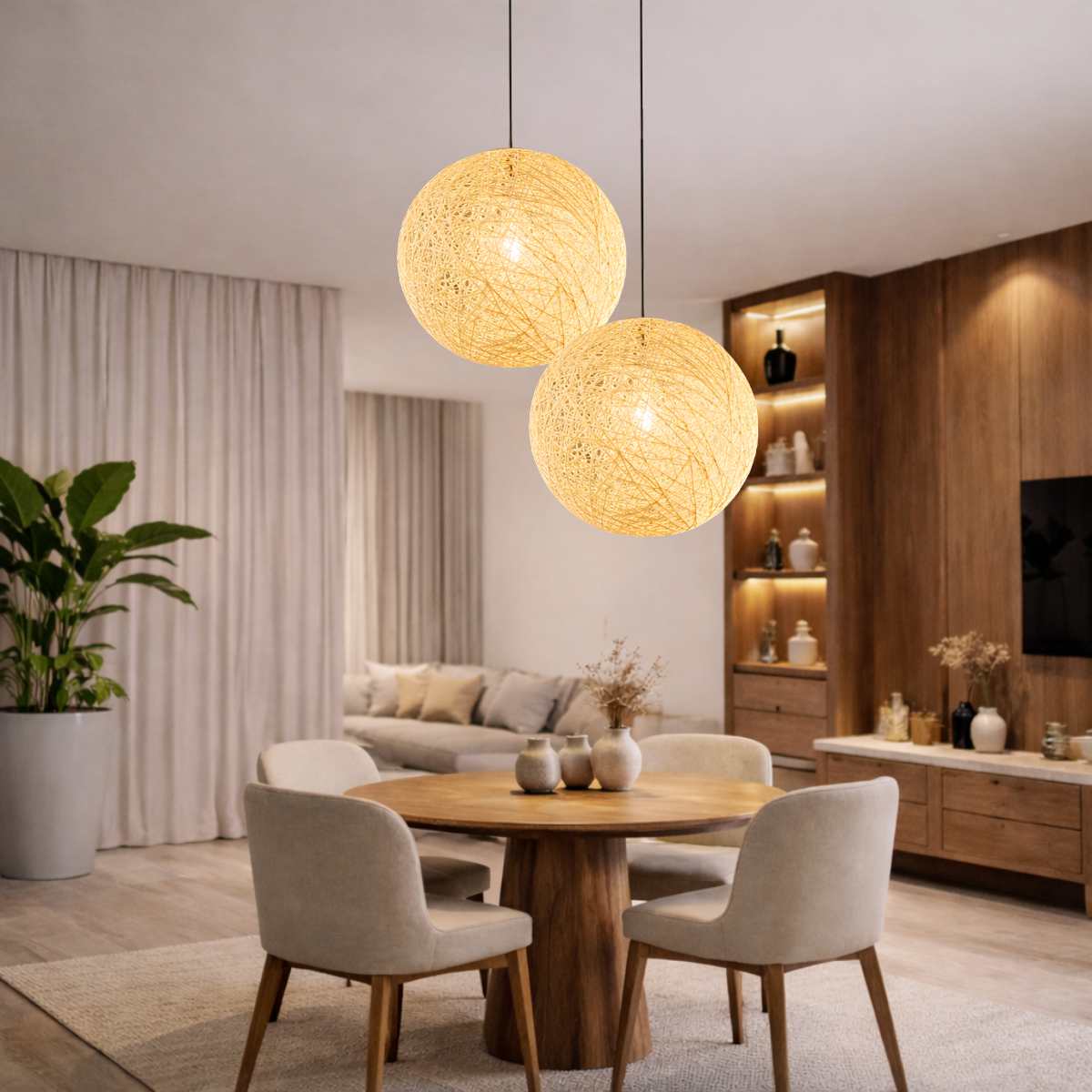 2 X Luminárias Pendentes 40cm Globo Rattan Natural Lustre Rústico Bola Teto Lpr40x2 - 1