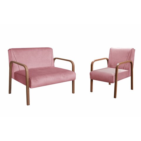 Conjunto Namoradeira + 1 Poltrona Anita Braço Madeira Decoração Recepção Sala - Veludo Rosê