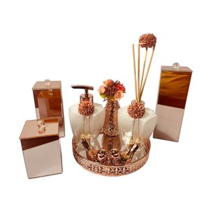 Kit Lavabo Luxo Rose Gold Potes Aroma Sabonete Porta Escovas